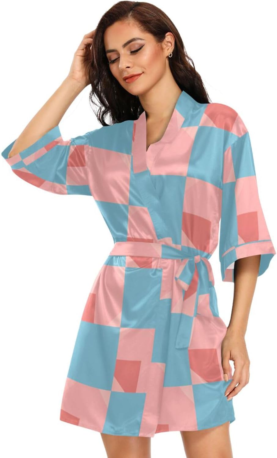 Light Blue and Blush Checkered Pattern Womans Bathrobes Comfy Bath Robes Female for Bathroom