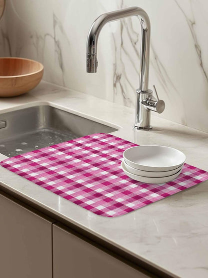 Pink White Check Dish Drying Mat 18x24 inch Modern Pink Theme Simple Super Absorbent Microfiber Dish Drying Pad for Kitchen Countertops Sink Dish Drainer Racks Coffee Bar Mats 2 Pack