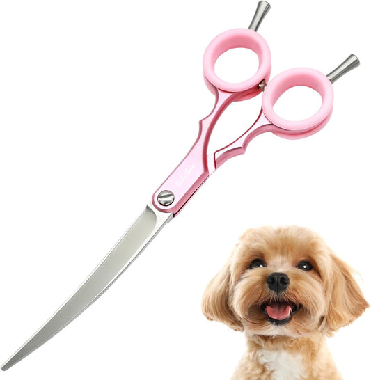 6.75in 30° Curved Dog Grooming Scissors, Japanese VG10 Stainless Steel Professional Pet Shears, Lightweight Ergonomic Trimming Scissors for Dog Grooming Face & Paws on Cats & Dogs – Pink