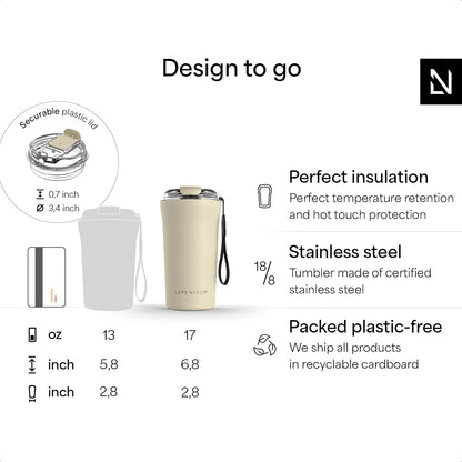 LARS NYSØM Thermo Coffee Mug to go with Strap 17oz | Travel Mug 0.5 Liter with Insulation | Leak Proof Stainless Steel Thermal Tumbler for Coffee and Tea to Go (Creamy Peach, 17 oz)
