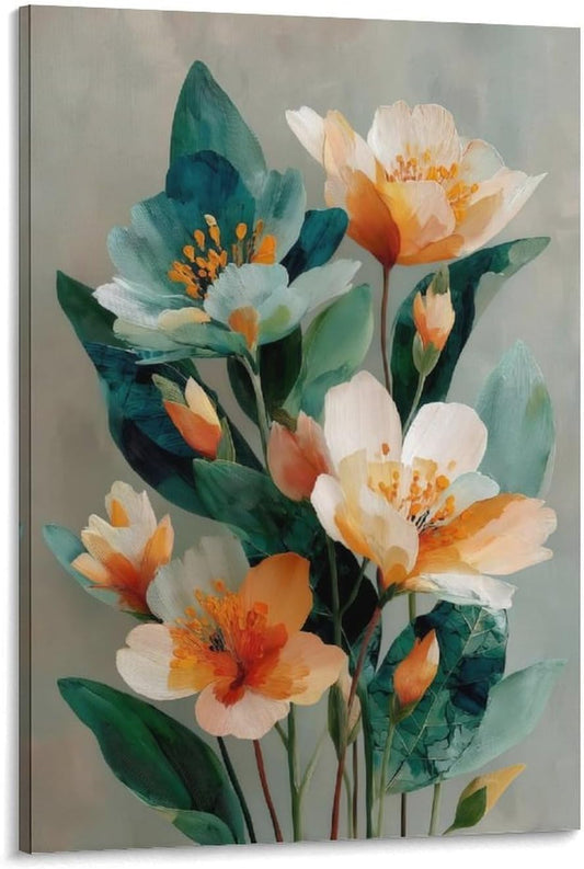 Floral Wall Art Framed Canvas - Abstract Watercolor Botanical Wall Art Print, Peach Orange Teal, Spring Flower Bouquet Decor for Living Room Bedroom Home, 20x30 Inch