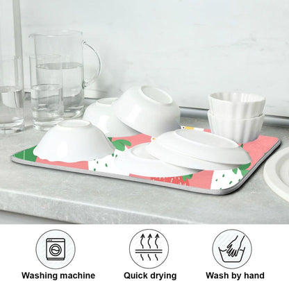 Dish Drying Mat 16x18 For Kitchen Counter Cute Strawberry Pink Green Absorbent Dishes Drainer Rack Mats Microfiber Reversible Dish Drying Pad Fast Dry Kitchen Accessories