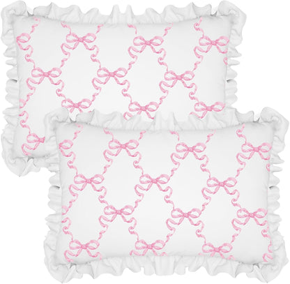 Fanfanwin Pink Bow Pillow Covers Set of 2 Christmas Ruffle Pillow Cases Coquette Pillowcase Sham Covers Cute Preppy Bow Pillows Decorative Girly Apartment Bedroom Room Decor 20 x 30''