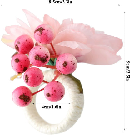 Fofetbfo Pink Flower Napkin Rings Set of 12 Silk Flower Napkin Holder with Pink Berries Wedding Napkin Holder Buckles for Wedding Birthday Party Dinner Tables Decor