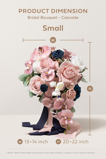 Ling's moment Pink Blue Bridal Bouquet Cascading, Dusty Rose Navy Wedding Bouquets for Bride, 13 Inch Bride Artificial Flowers Bouquets