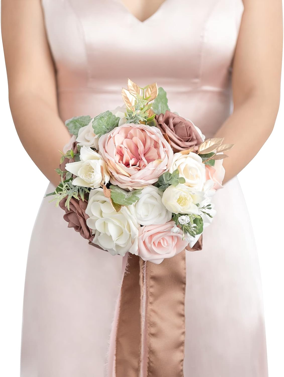 Ling's moment Dusty Rose Artificial Wedding Flower Bouquet for Bridesmaid Pink Floral Bouquet Blush Bridesmaid Bouquets with Ribbon Ceremony Anniversary,7-inch Diameter