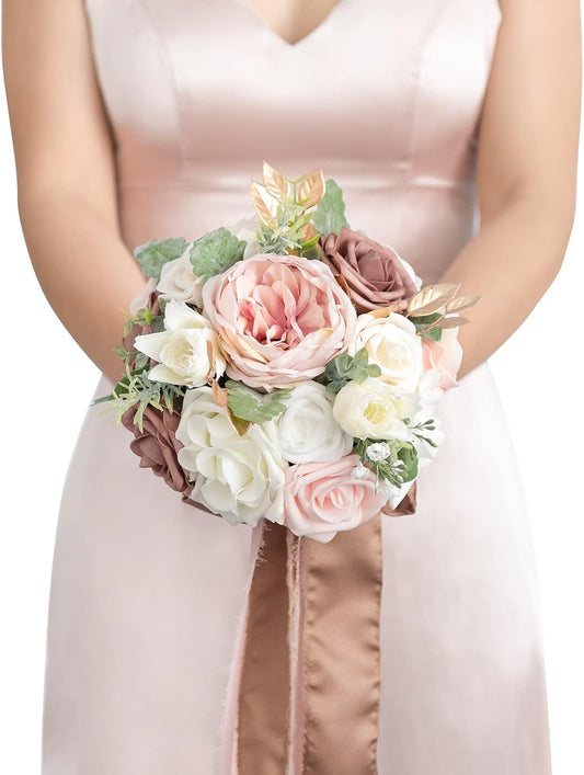 Ling's moment Dusty Rose Artificial Wedding Flower Bouquet for Bridesmaid Pink Floral Bouquet Blush Bridesmaid Bouquets with Ribbon Ceremony Anniversary,7-inch Diameter