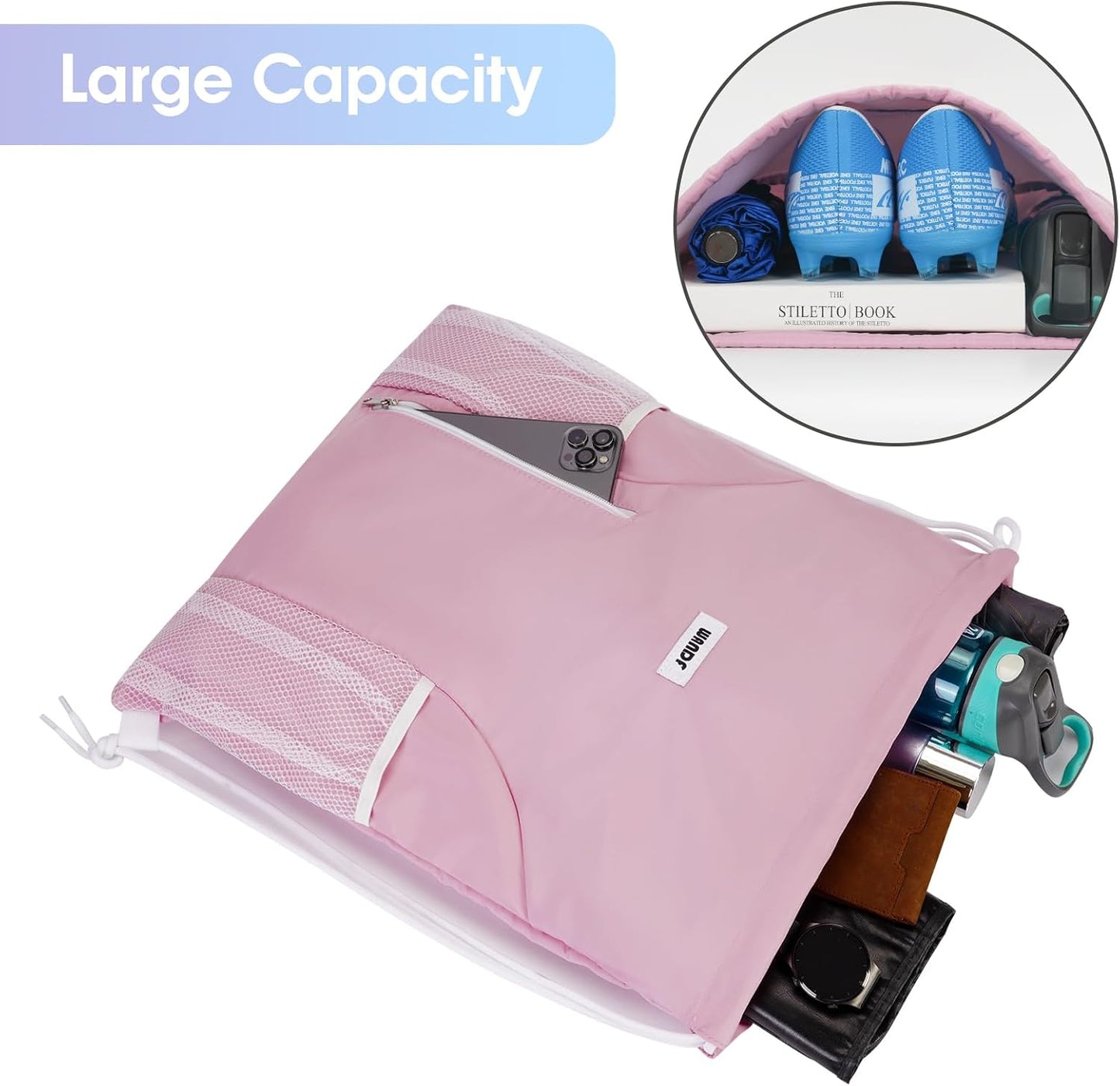 WANDF Drawstring Backpack Sports Gym Sackpack with Mesh Pockets Water Resistant String Bag for Women Men(Pink)
