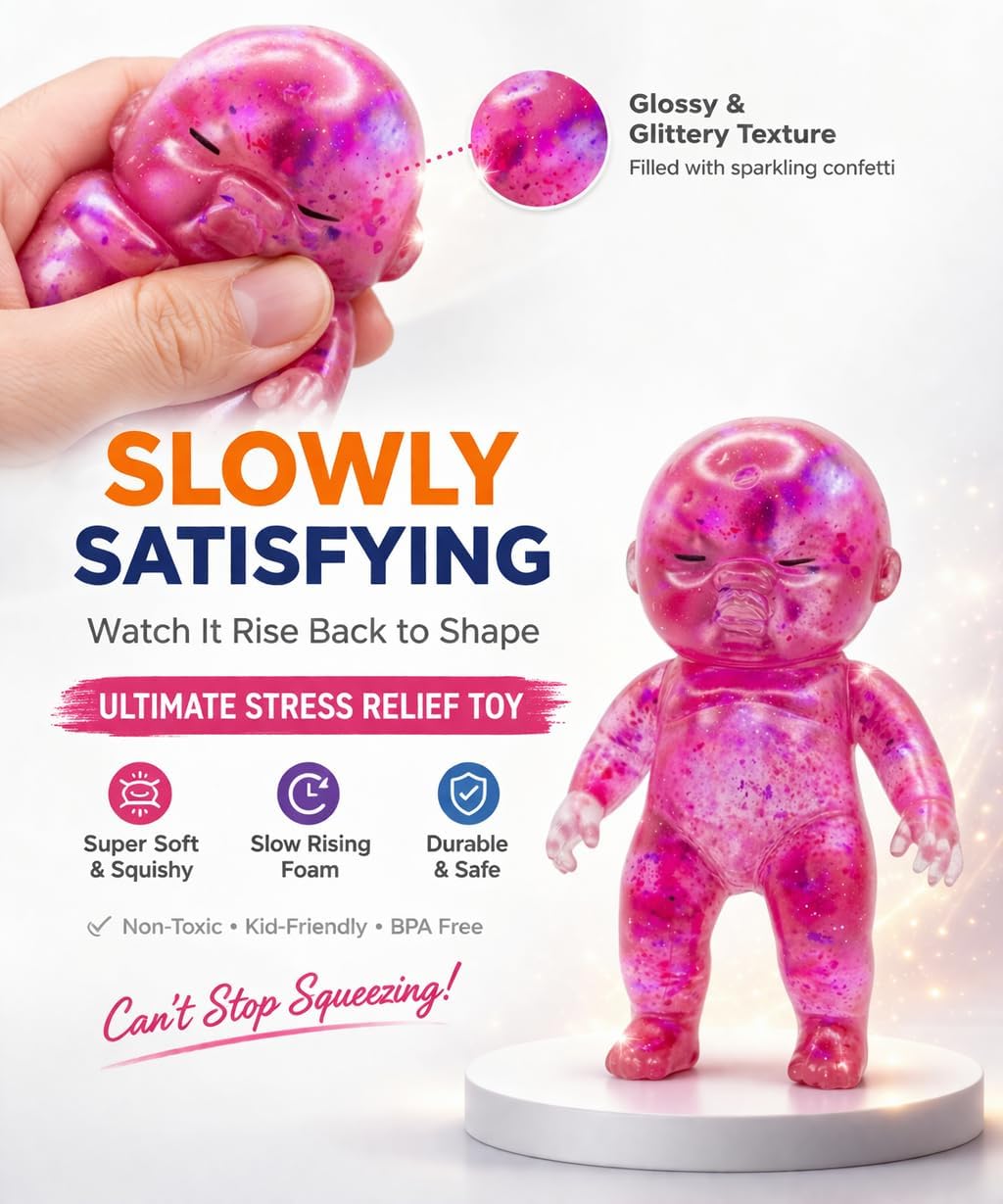 Baby Squishy Glitter Slow Rising Pink, Squishy Babies Sensory Fidget for Stress Relief, Soft Cute Squeeze, Desk Decor & Gift
