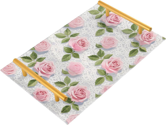 Pink Lace Rose Flowers Decorative Acrylic Cafeteria Tray with Handles Decorative Serving Trays for Jewelry Perfume for Party Serving bandeja para Comer