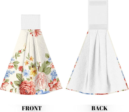 Vintage Pink Floral Hand Towel with Hanging Loop Set of 2 Rustic Retro Peony Pink Flower Hanging Kitchen Towels Botanical Herb Plant Washcloths Soft Absorbent Fingertip Tie Towels for Bathroom Decor