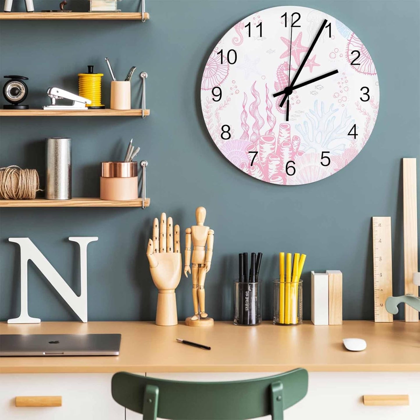 Ocean Wall Clock Battery Operated Non-Ticking 10" Round Wood Clocks, Seahorse Coral Shell Starfish Pink Kitchen Wall Clock for School Bathroom Living Room Home Office Wall Decor