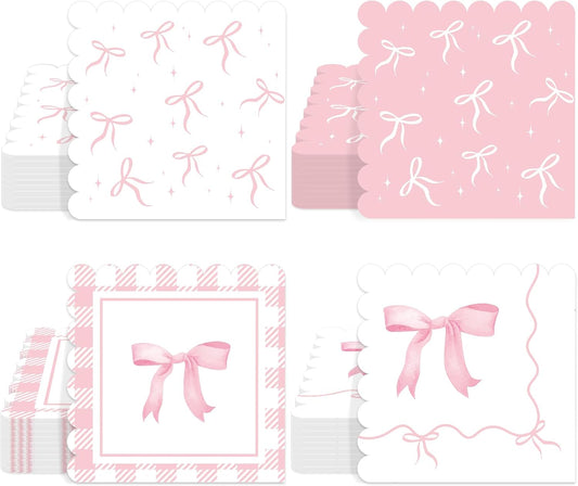 60 Pcs Pink Bow Napkins Birthday Party Decorations Bows Theme Bachelorette Party Supplies Pink Bow Hand Towel Dinner Napkins Parties Decor for Girl Bridal Engagement Baby Shower Tea Ribbon Favors