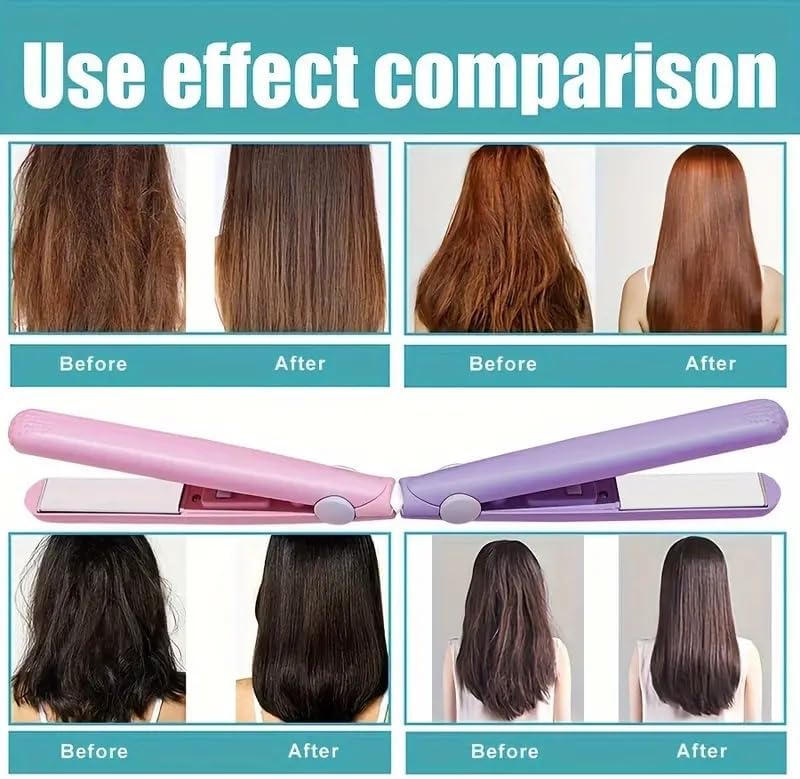 Mini Straightener, Multi-Color Plates, Quick Heating, Damage-Free, Bangs Clip, Dual-use for Curling and Straightening (Pink)