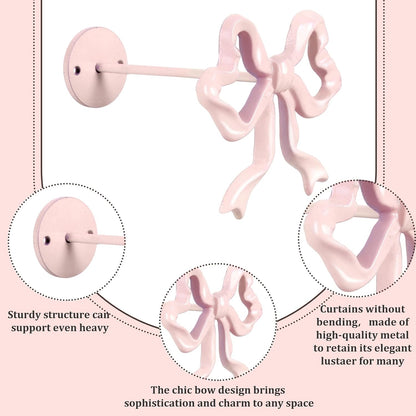 Whaline 2Pcs Valentine' s Day Pink Bow Curtain Holdbacks Wall Mounted Bow Knot Curtain Hold Backs Coquette Metal Holders for Home Office Living Room Bedroom Decor