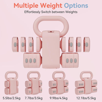 Pink Dumbbell Set for Women - Adjustable Kettlebell Weights Set, 4-in-1 Hand Weights (2.2-12.1lbs) | Free Weights Dumbbells Set for Home Exercise & Fitness
