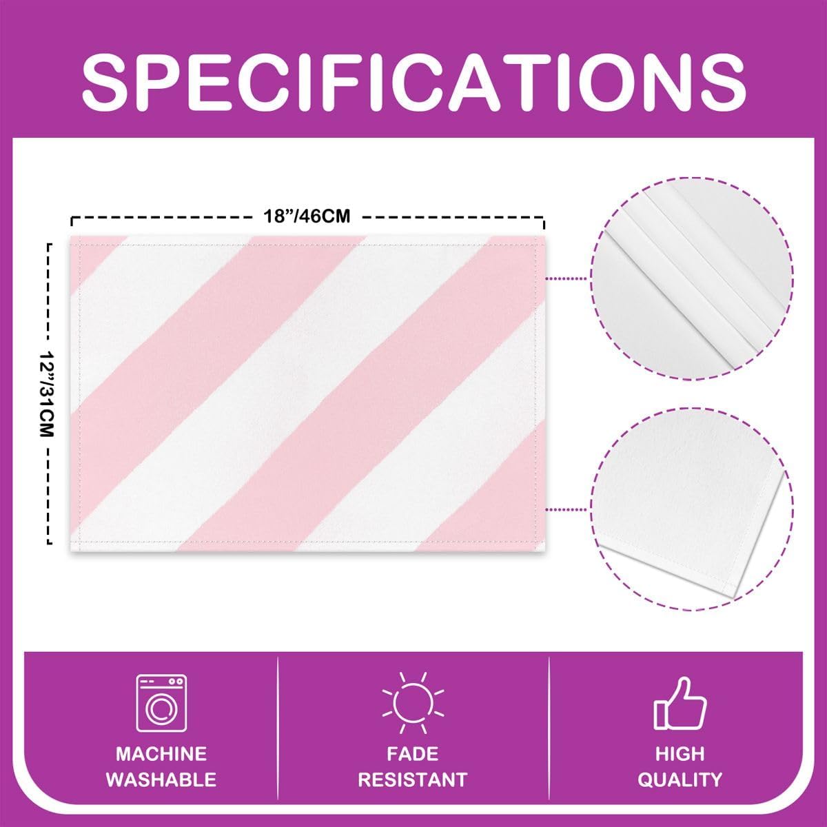 Feelyou Pink White Stripe Placemats Set of 4 Striped Table Mats for Party Kitchen Dining Decoration Geometric Place Mat for Table Holiday Decor Indoor Outdoor 18"x12" Non-Slip Easy to Clean Washable