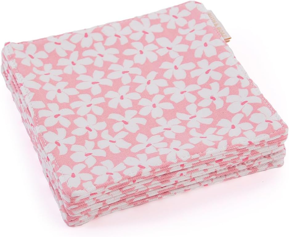 RUTH&BOAZ Floral, Animal, Tiedye 100% Cotton Fabric Coasters for Drinks and Home Dinners/Set of 6/4" Square (CHERRY BLOSSOMS PINK)