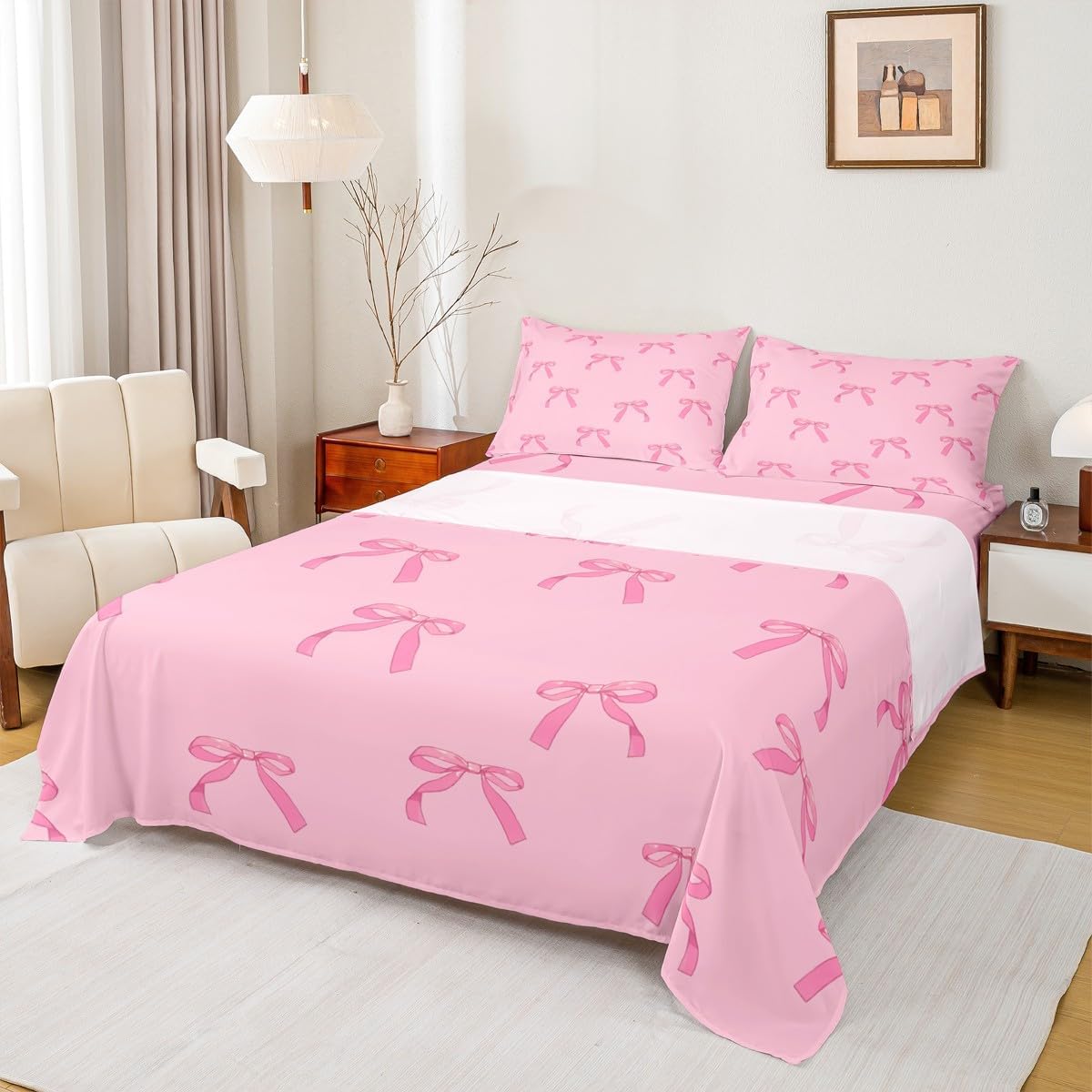 Erosebridal Girls Bow Sheet Set Cute Bowknot Bed Sheets Set for Girls Women Dreamy Princess Twin Size Sheets,Preppy Pink Coquette Room Decor