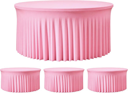 4 Pack Pink 60 inch Round Spandex Tablecloth,Wrinkle-Free Stretchy Fitted 5FT Round Tables,Elastic Edge with Skirt,Washable Tablecloths for Wedding Banquet Party Birthday Buffet