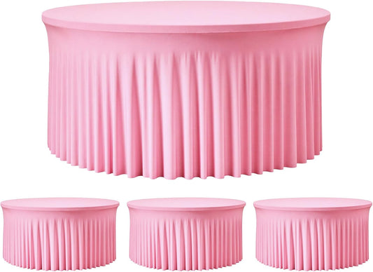 4 Pack Pink 60 inch Round Spandex Tablecloth,Wrinkle-Free Stretchy Fitted 5FT Round Tables,Elastic Edge with Skirt,Washable Tablecloths for Wedding Banquet Party Birthday Buffet
