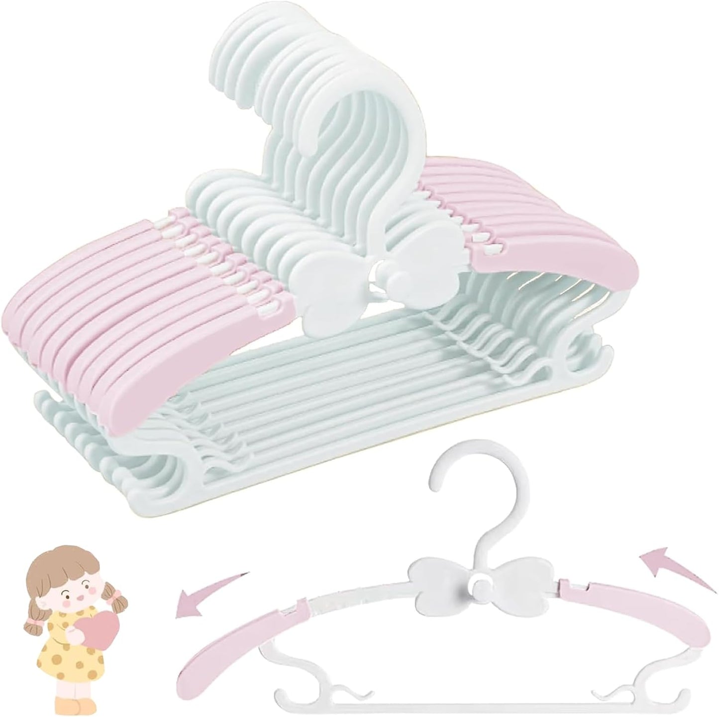 WJWSKI Baby Hangers for Closet 20pcs, Pink Kids Clothes Hanger Plastic, 11-14.5" Adjustable Perchas for Child Dresses, Non-Slip Children Bow Hanger for Girl Toddler Infant Nursery Newborn Clothing