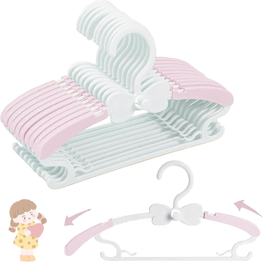 WJWSKI Baby Hangers for Closet 20pcs, Pink Kids Clothes Hanger Plastic, 11-14.5" Adjustable Perchas for Child Dresses, Non-Slip Children Bow Hanger for Girl Toddler Infant Nursery Newborn Clothing