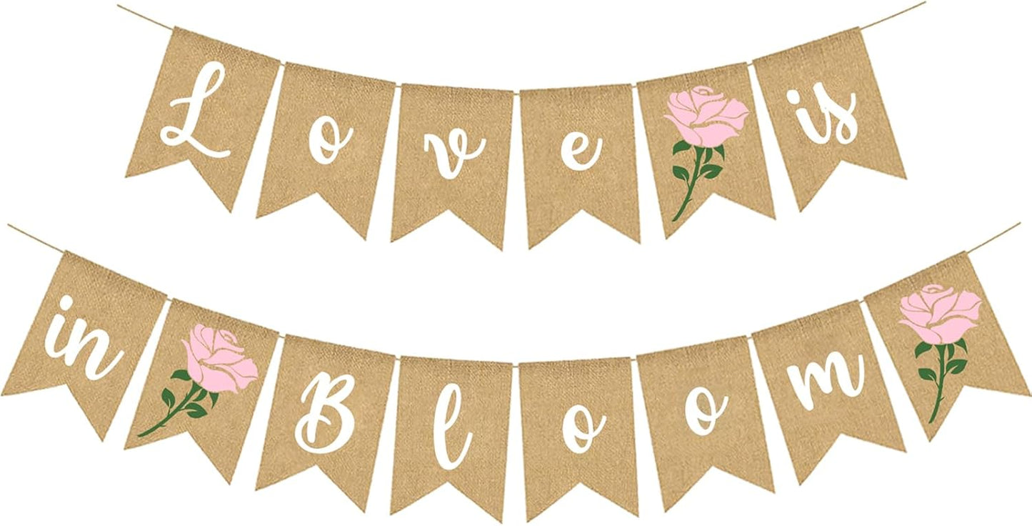 Love Is In Bloom Banner Floral Bridal Shower Decoration Flower Burlap Garlands Blooming Shower Supplies, pink