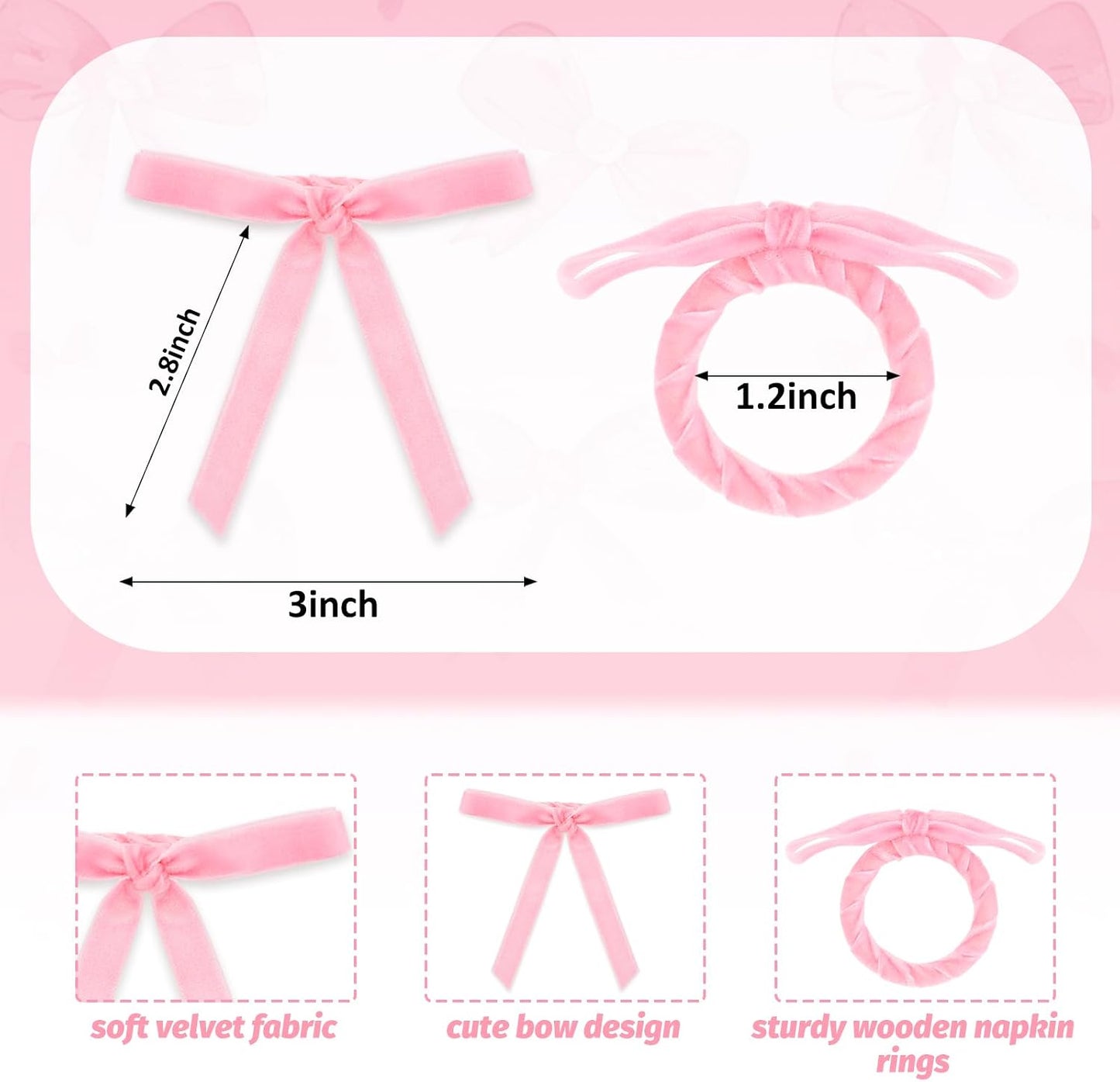 FYSUIMU 10Pcs Pink Bow Napkin Rings Velvet Coquette Bowknot Napkin Holder Napkins Buckle Dinner Table Ring for Wedding Baby Shower Party Table Decor
