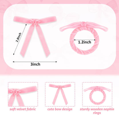 FYSUIMU 10Pcs Pink Bow Napkin Rings Velvet Coquette Bowknot Napkin Holder Napkins Buckle Dinner Table Ring for Wedding Baby Shower Party Table Decor