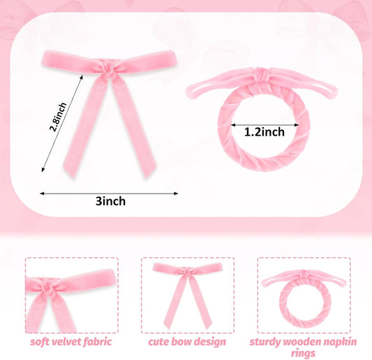 FYSUIMU 10Pcs Pink Bow Napkin Rings Velvet Coquette Bowknot Napkin Holder Napkins Buckle Dinner Table Ring for Wedding Baby Shower Party Table Decor
