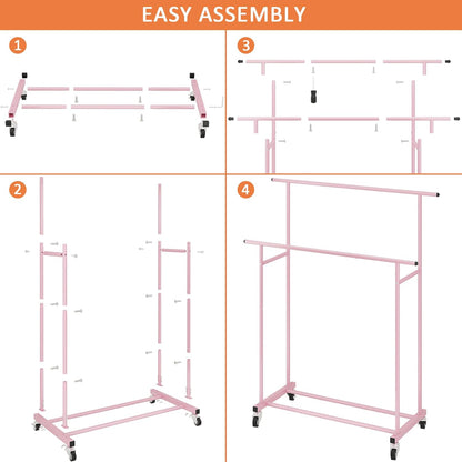 Calmootey Double Rod Clothing Garment Rack,Rolling Hanging Clothes Rack,Portable Clothes Organizer for Bedroom,Living Room,Clothing Store,Pink