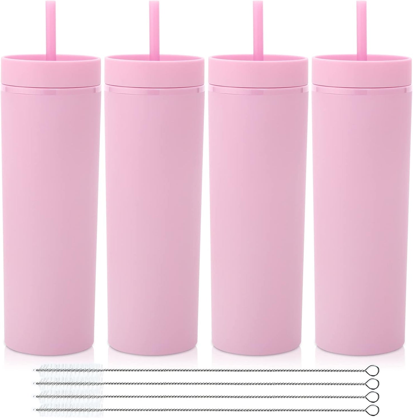 Volhoply 20oz Plastic Skinny Tumblers Bulk 4 Pack,Double Wall Tumbler with Lid and Straw,Reusable Travel Iced Coffee Mug,BPA Free Matte Acrylic Water Cups With Straw for Party,DIY Gifts(Pink, 4 Set)
