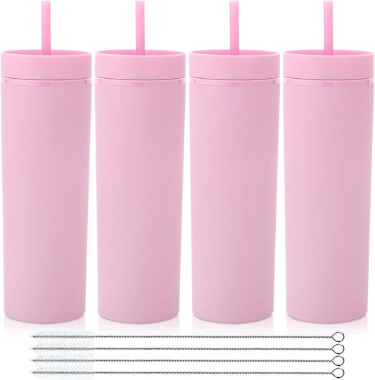 Volhoply 20oz Plastic Skinny Tumblers Bulk 4 Pack,Double Wall Tumbler with Lid and Straw,Reusable Travel Iced Coffee Mug,BPA Free Matte Acrylic Water Cups With Straw for Party,DIY Gifts(Pink, 4 Set)