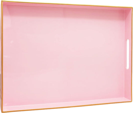 15.8" x 11.8" Pink Plastic Decorative Serving Tray with Gold Trim and Handles, Sturdy Rectangular Ottoman Tray for Living Room, Coffee Table, Vanity & Counter