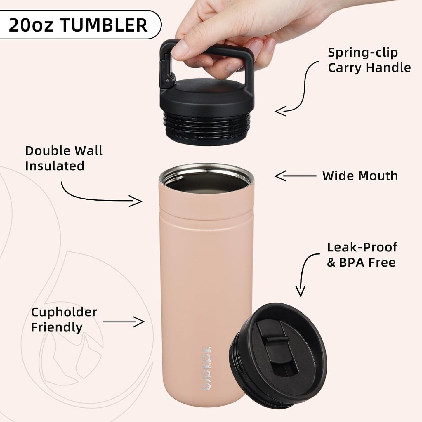 BJPKPK Insulated Water Bottle with 2 Lids,20 oz Double Wall Stainless Steel Vacuum Tumbler Travel Coffee Mug,Wide Mouth Thermal Cup,Peach