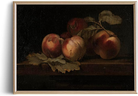 Farmhouse Still Life Picture Living Room - Rustic Vintage Decor for Bedroom - Peach Fruit Dining Room Moody Muted Oil Painting Art Deco Wall Art for Kitchen - 11 x 14 Art Print - Antique French Poster