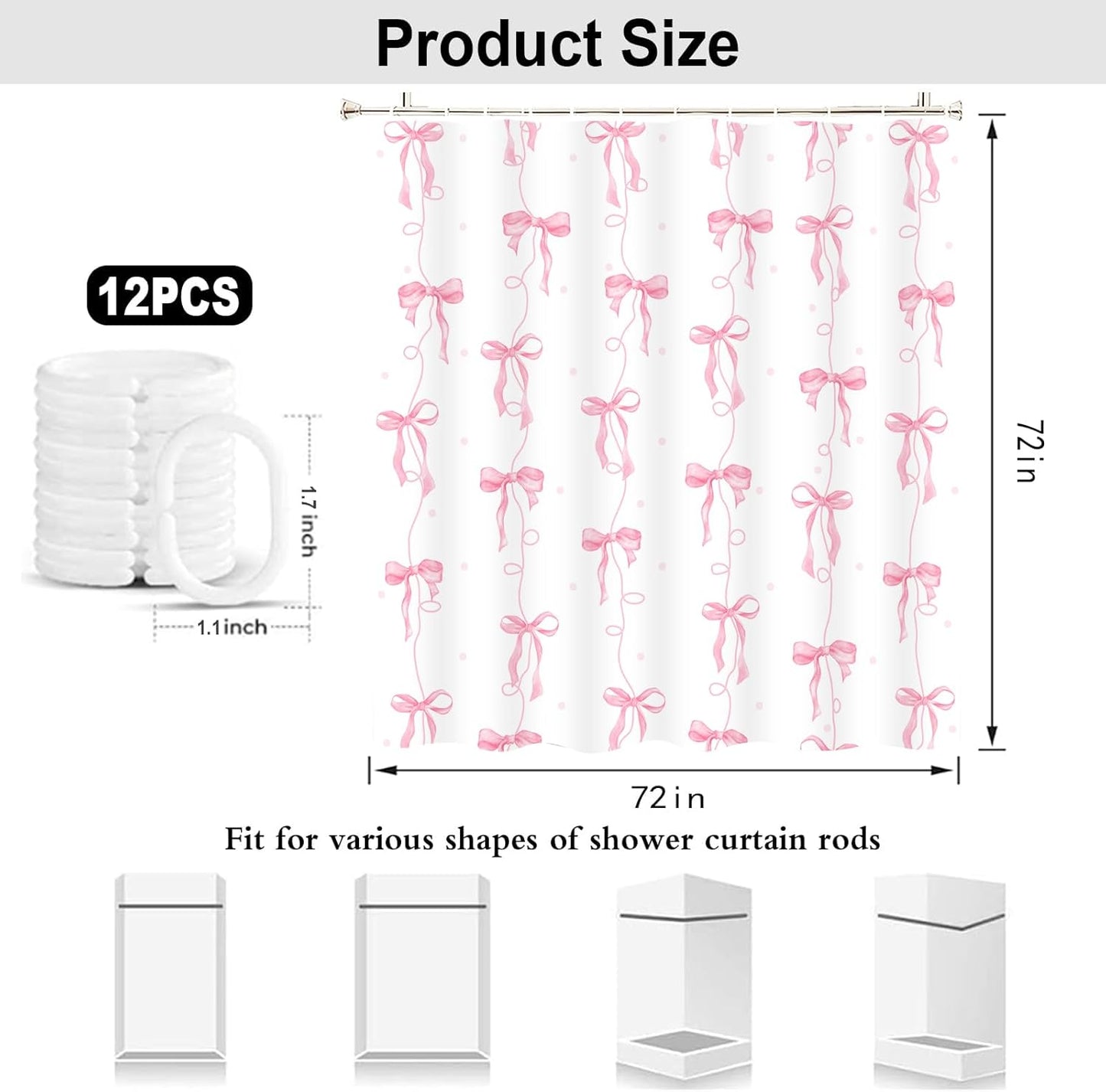 Pink Bow Shower Curtain, Girly Cute Coquette Preppy Aesthetic for Teens Girls Bathroom Decor Curtains with 12 Hooks, 72x72 inches