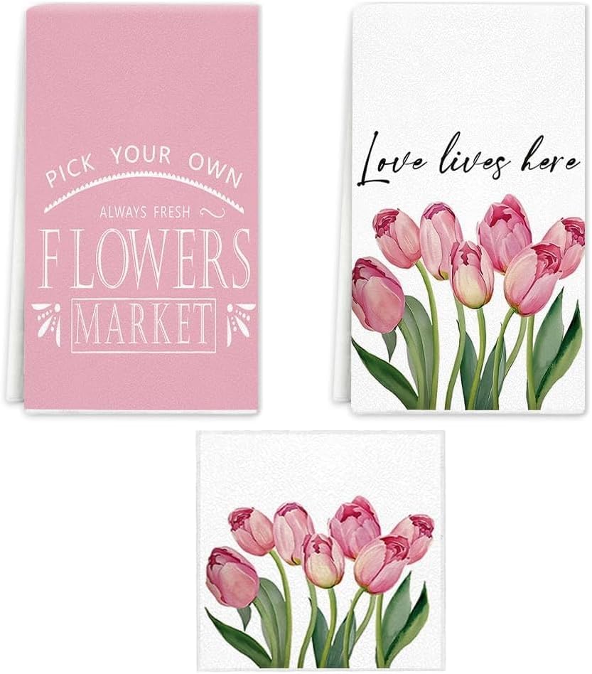 Tulip Spring Kitchen Towels Dish Towels, Pink Flowers Hand Towels 16x24 Inch Farmhouse Decoration Hand Towels Set of 3