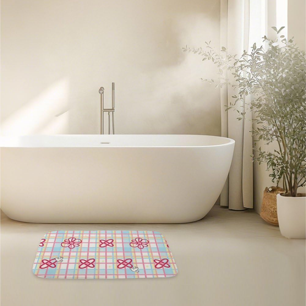 Washable Rug Pastel Checkerboard Pink Flowers Bows Holiday Bathroom Rugs Shower Mat Rubber Floor Mats for Home Traction Trap Water Non Slip Quick Drying Household Pet Floor Bathroom Decor 18 X 30in