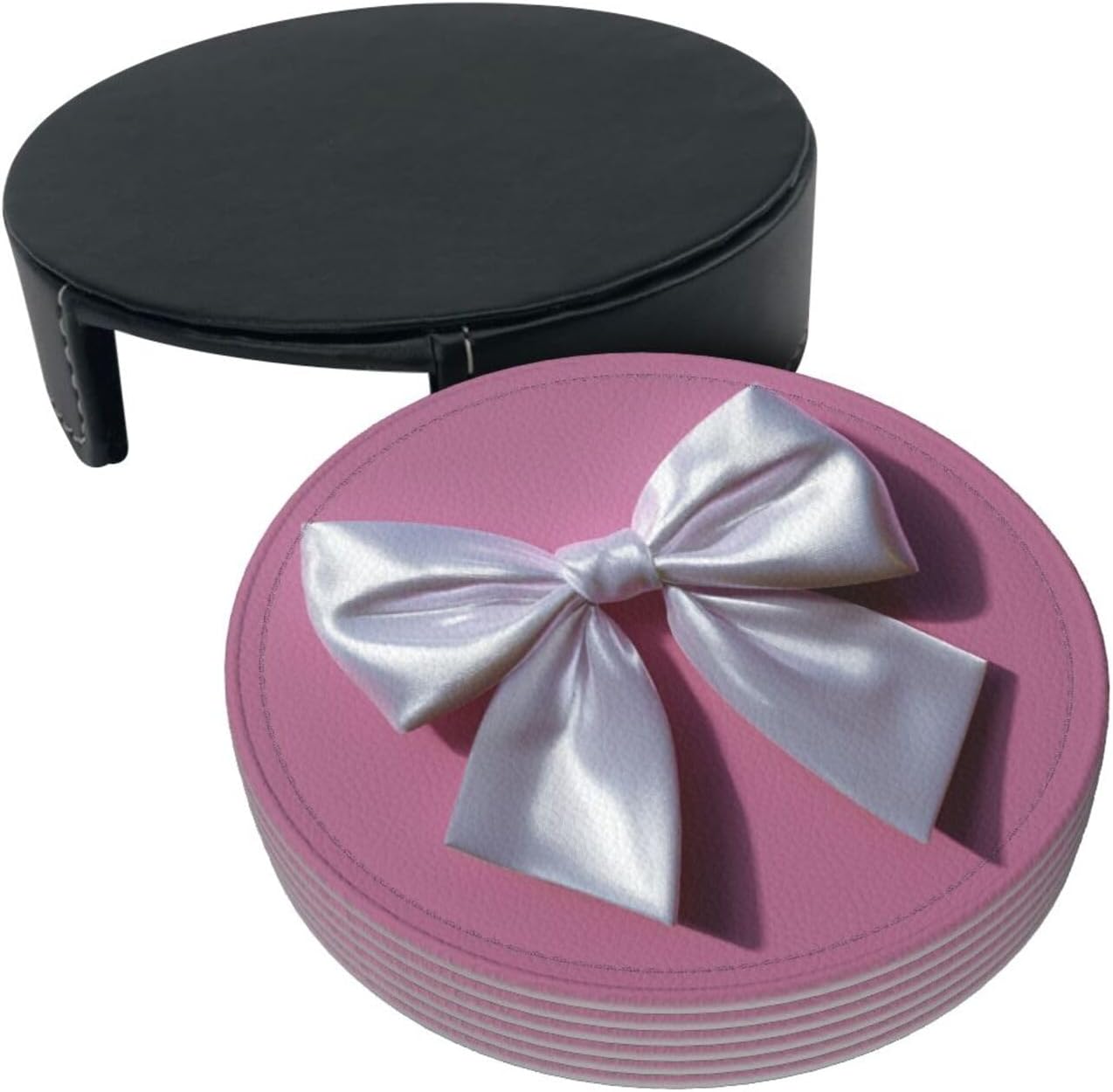 White Satin Bow On Light Pink Premium Leather Coasters, Set of 6 with Holder, Stylish Beverage Coasters for Kitchen Coffee Bar