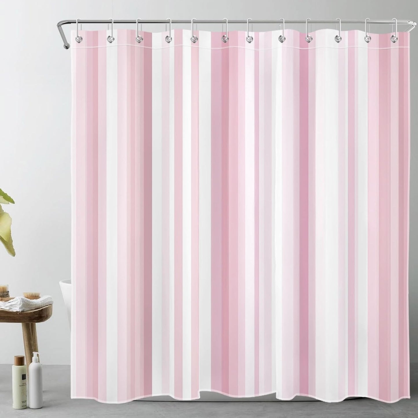 LB Aesthetic Pink Stripe Shower Curtain Sets with Rugs Abstract Geometric Pink and White Vertical Striped Fabric Shower Curtain with Hooks Modern Bathroom Curtains Shower Set, 70x70 inches