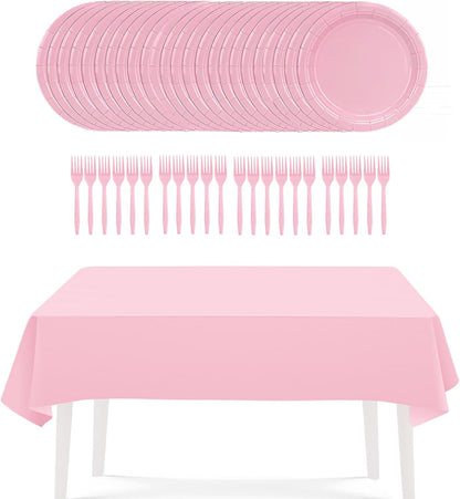 Pink Party Supplies Set Include Pink Plates Tablecloth and Forks, Tableware Set for 24 Guest Paper Plates for Baby Shower, Wedding, Birthday