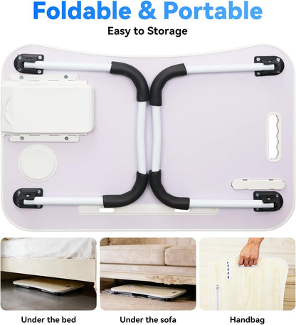 23.6 in Laptop Lap Desk, Foldable Laptop Table Tray with 4 USB Ports, 1 USB Charging Cable, Storage Drawer, Cup Holder, Bed Desk Stand Lap Tray Portable Standing Table for Bed Couch Floor