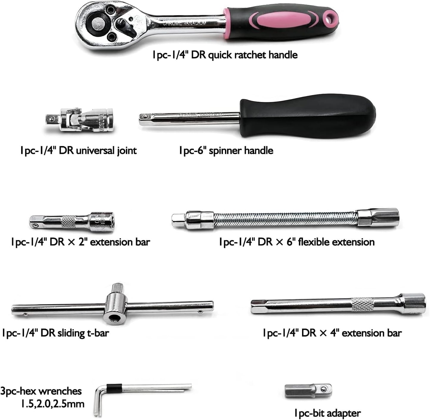 Egofine 46 Pieces 1/4 inch Drive Socket Ratchet Wrench Set, with Bit Socket Set Metric and Extension Bar for Auto Repairing and Household, with Pink Storage Case