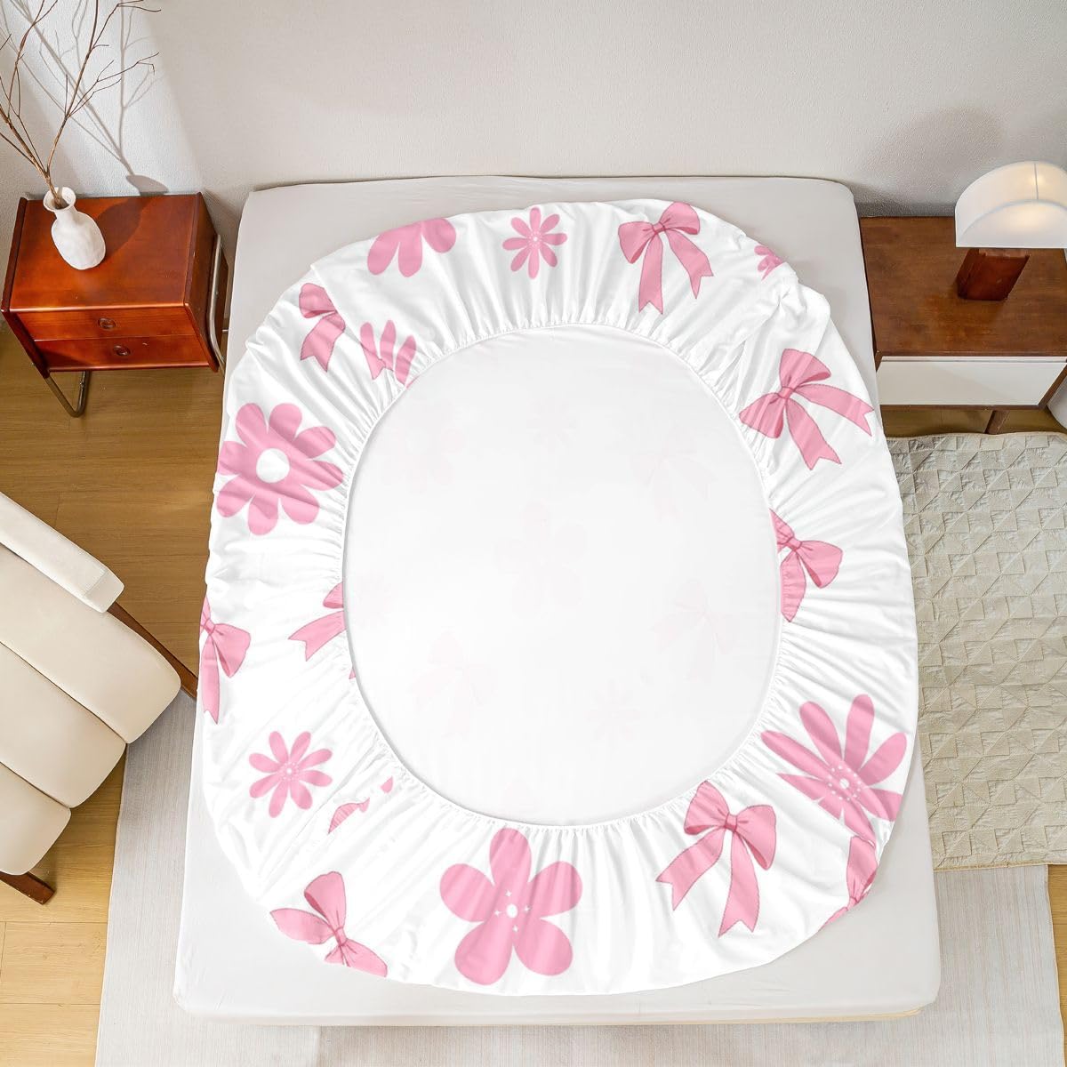 Feelyou Cute Bow Bed Sheets Sets Queen Size Kids Boys Girls Kawaii Flower Floral Bedding Set Pink Bed Sheet Set with 16-Inch Deep Pockets 4Pcs with 2 Pillow Cases