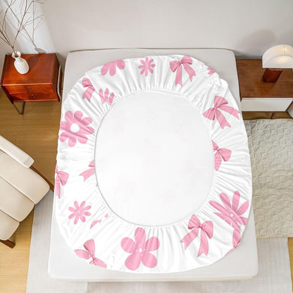 Feelyou Cute Bow Bed Sheets Sets Queen Size Kids Boys Girls Kawaii Flower Floral Bedding Set Pink Bed Sheet Set with 16-Inch Deep Pockets 4Pcs with 2 Pillow Cases