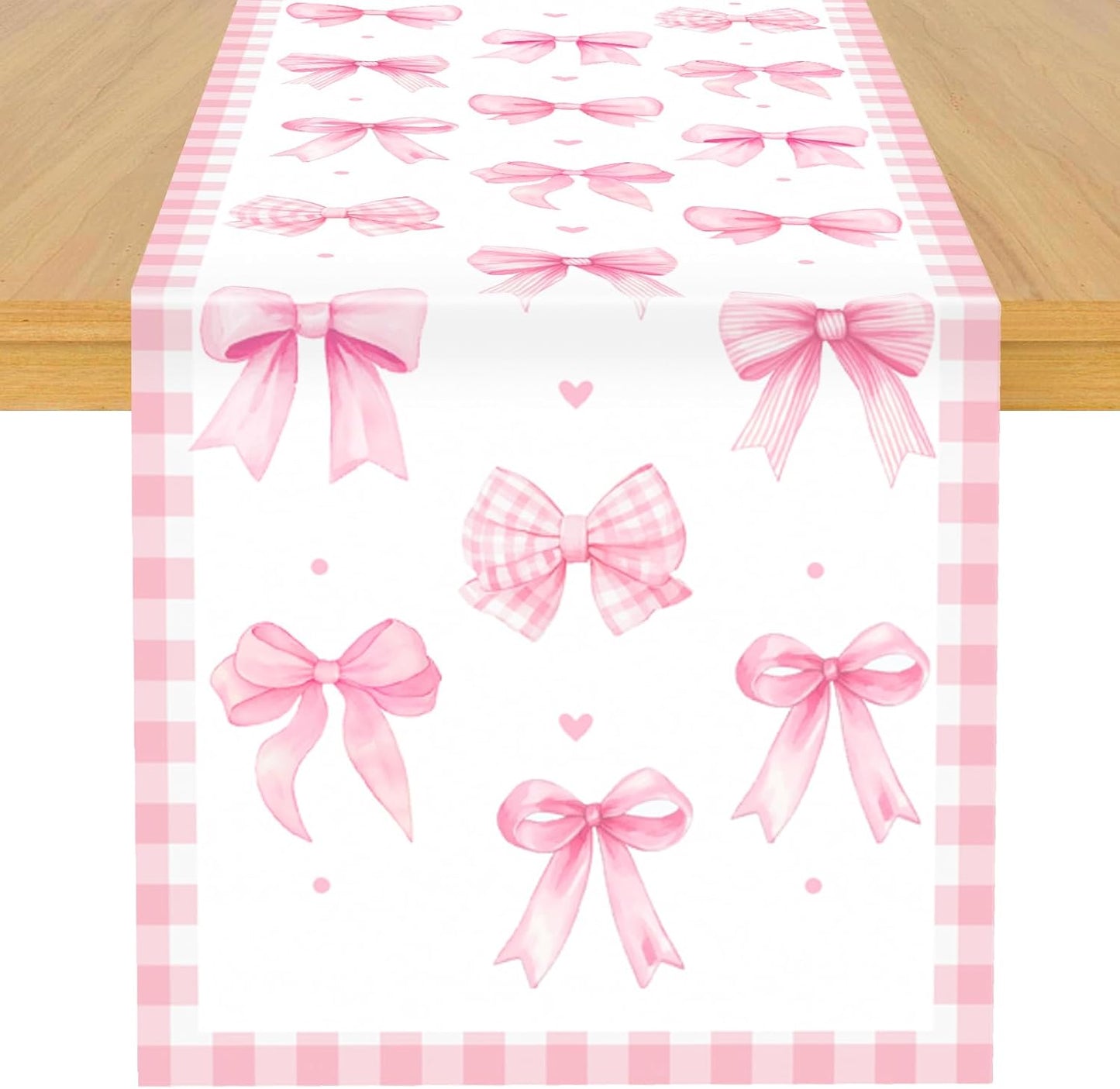 Pink Bow Theme Table Runner, Pink Linen Fabric Table Runner for Everyday Use 72 x 13 Inches, Washable Table Cover for Indoor Outdoor Kitchen Dining Table Home Decor