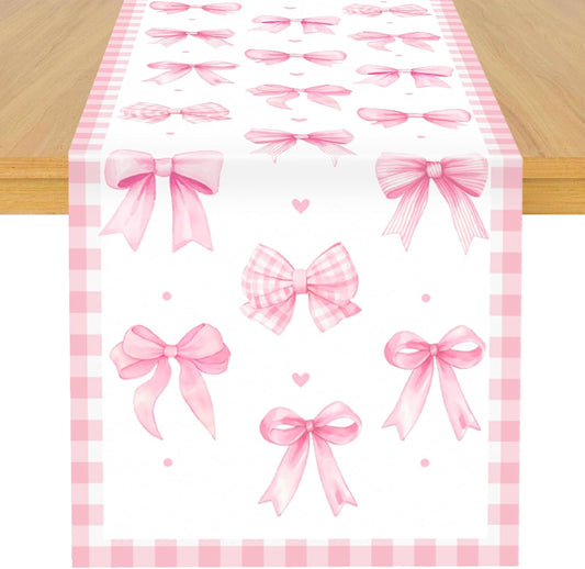 Pink Bow Theme Table Runner, Pink Linen Fabric Table Runner for Everyday Use 72 x 13 Inches, Washable Table Cover for Indoor Outdoor Kitchen Dining Table Home Decor