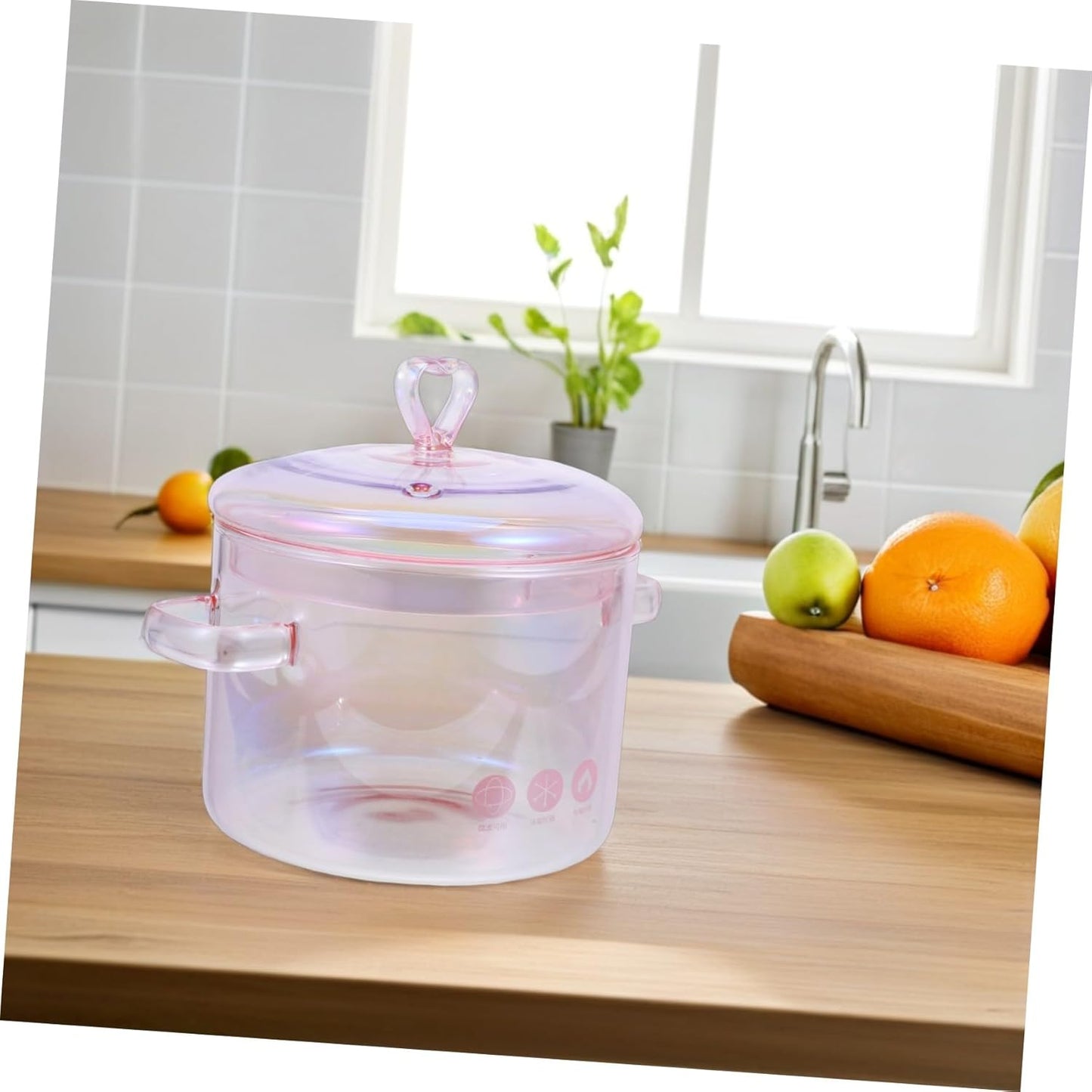 Pink Glass Saucepan with Cover,50oz/ 1500ml Double-handle Stew Pot with Lid Heat-resistant Glass Soup Pot for Home Cooking